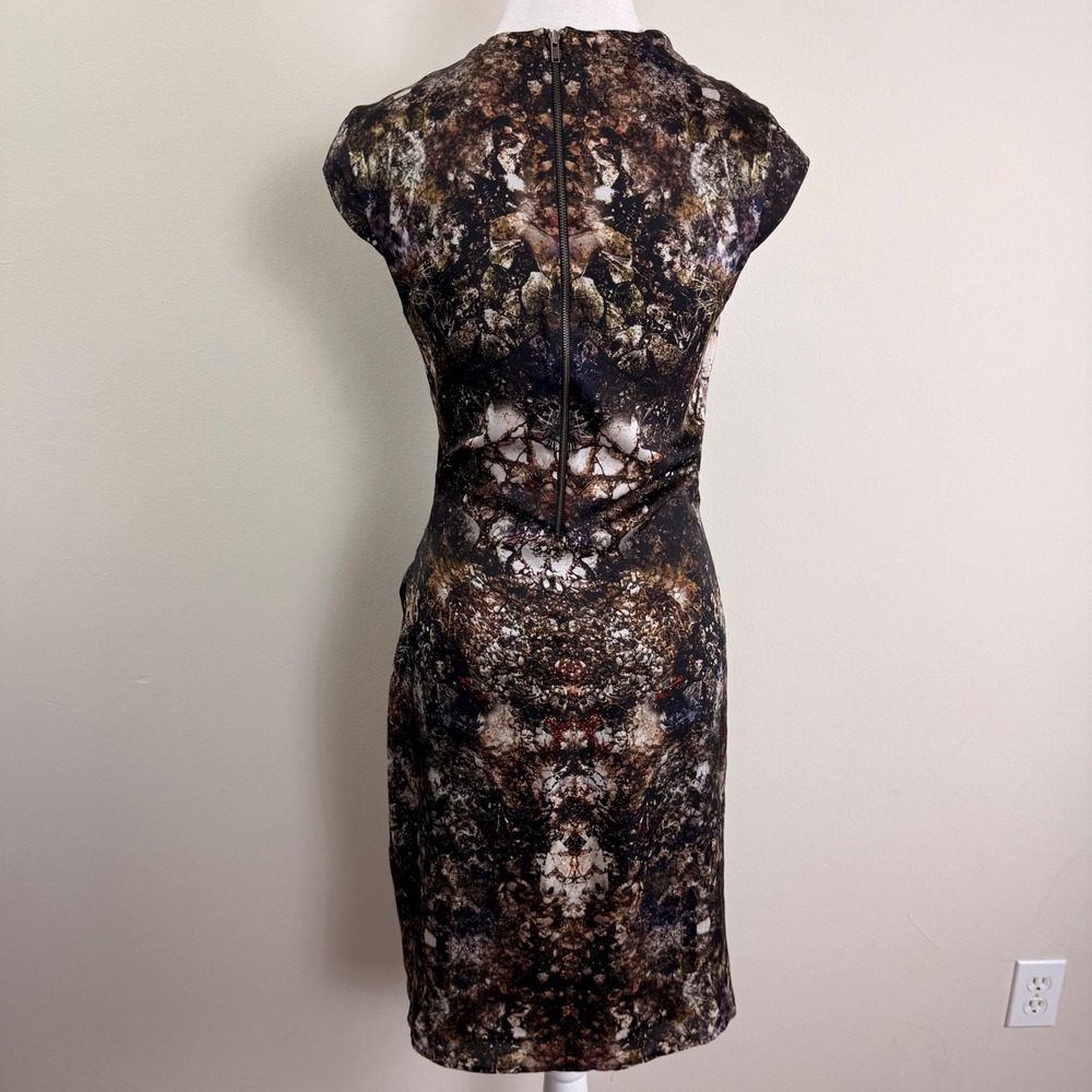 Helmut Lang Abstract Earth Tone Ruched Cowl Neck Sleeveless Sheath Dress Size 2 - Picture 3 of 13